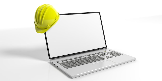 Casco de construcción y una computadora portátil sobre fondo blanco ilustración 3d