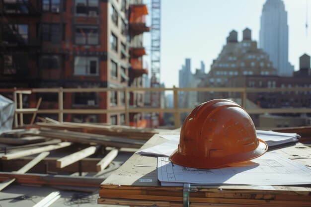 Foto un casco de construcción descansa sobre un conjunto de planos rodeados de varias herramientas arquitectónicas