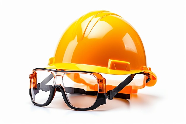 Casco de construcción y gafas aisladas en blanco