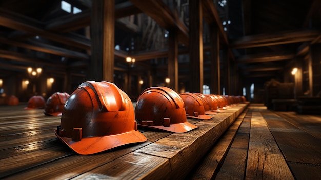 Casco de construcción generado en una mesa de madera