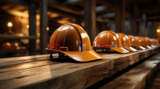 Casco de construcción generado en una mesa de madera