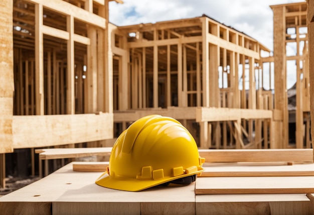 Casco de construcción de seguridad amarillo en una madera con el telón de fondo de una casa que se está construyendo