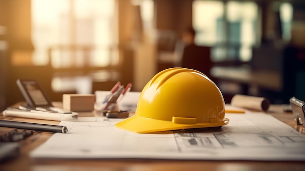 casco de construcción de seguridad amarillo en una mesa