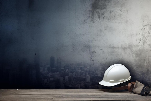 Un casco de construcción se sienta en un piso de madera junto a un sombrero duro.