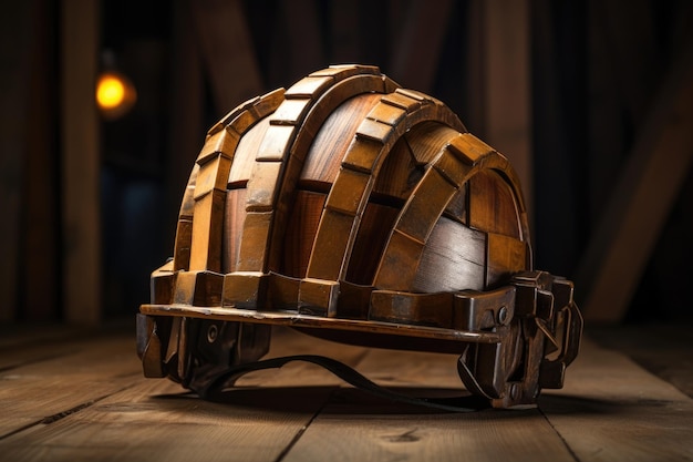 Casco de construcción sobre superficie de madera