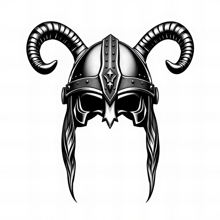 Foto un casco con cuernos y cuernos se muestra con un escudo y cuernos
