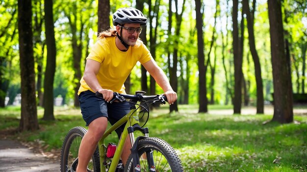 Casco deportivo en una bicicleta de montaña verde en el parque