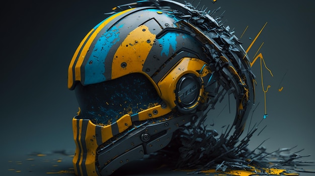 Casco con diseño azul y amarillo en la parte delantera.