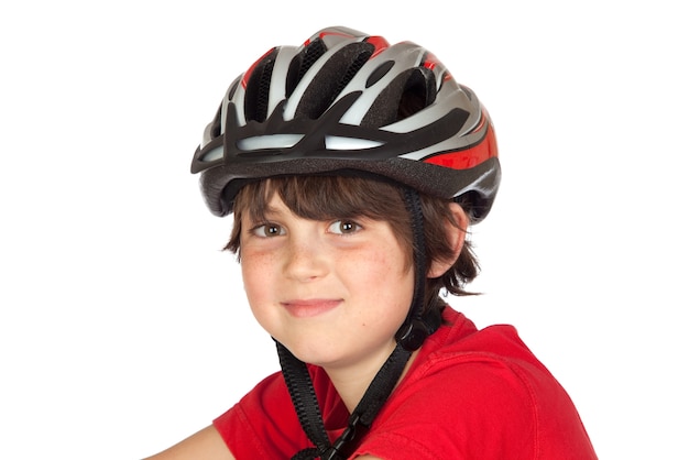 Casco divertido de la bici del niño aislado en el fondo blanco