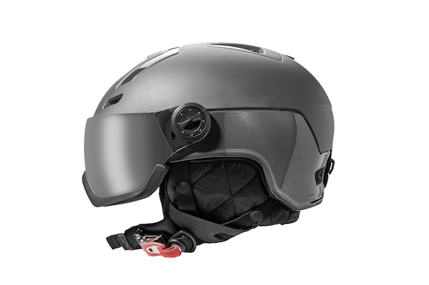 Casco de esquí con visera aislado sobre fondo blanco. Casco de esquí gris moderno y visera aislado en blanco