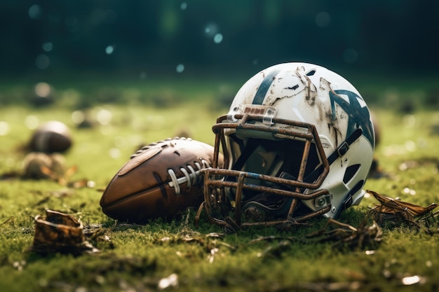 Casco de fútbol americano y pelota sobre hierba verde Concepto de fútbol americano Fútbol americano y casco en el campo AI generado