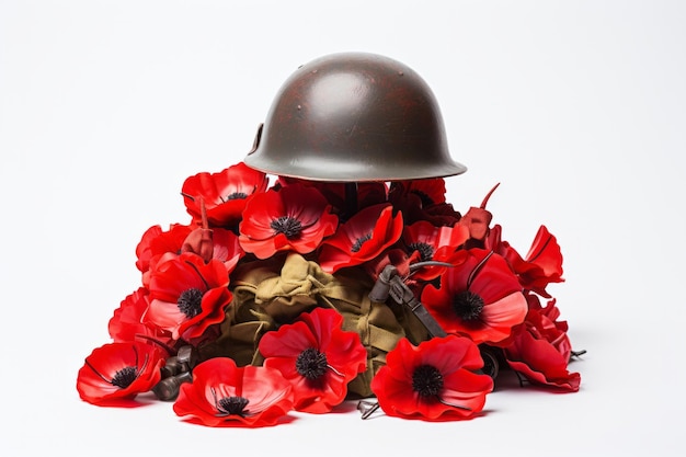 Un casco militar de la guerra mundial con la memoria de las amapolas rojas y el símbolo del día del armisticio