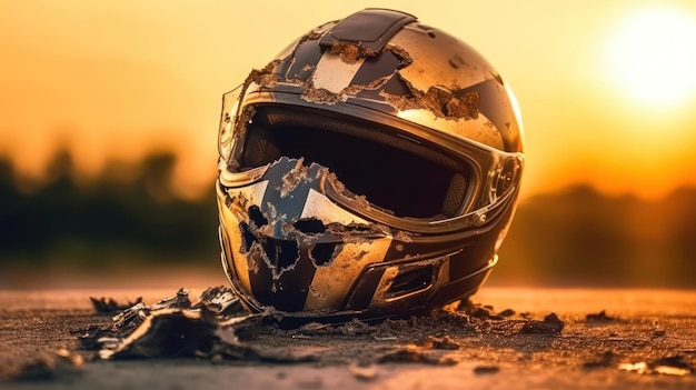 casco de motocicleta roto en el fondo de la calle