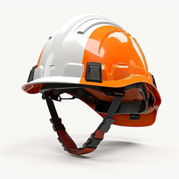 Un casco naranja y blanco sobre un fondo blanco.