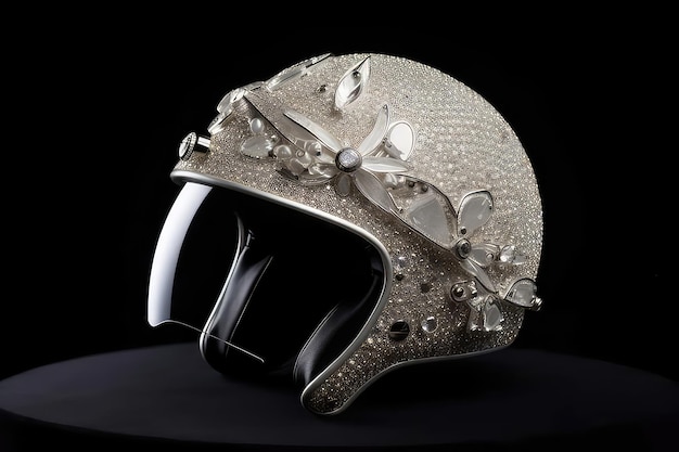 Un casco plateado con cristales y un casco plateado con un diseño de diamantes en el frente.