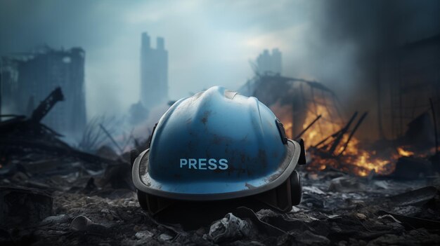 Foto casco de prensa en una región de guerra