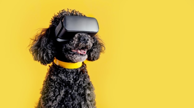 casco de realidad virtual amarillo de caniche negro feliz en fondo de color amarillo
