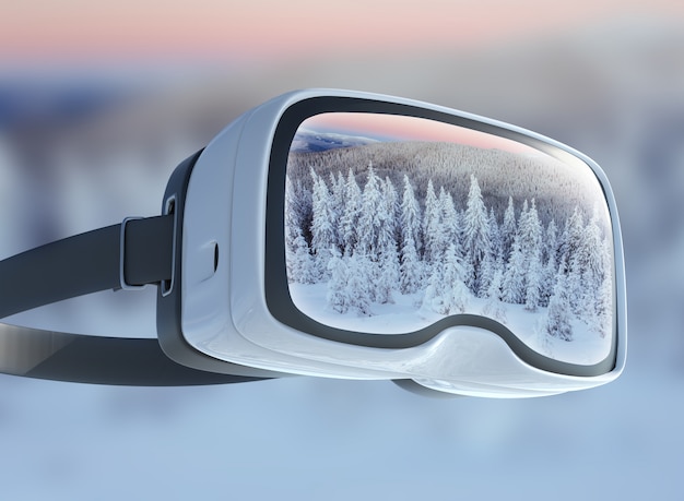Casco de realidad virtual, doble exposición. paisaje de invierno majestuosas montañas