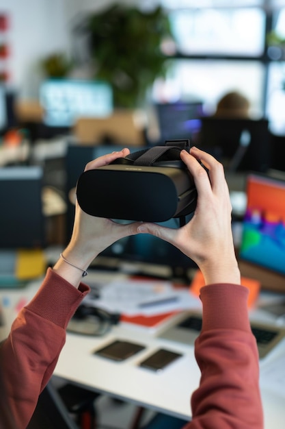 Foto casco de realidad virtual en las manos ia generativa