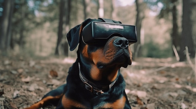 Casco de realidad virtual usado por un perro Rottweiler IA generativa