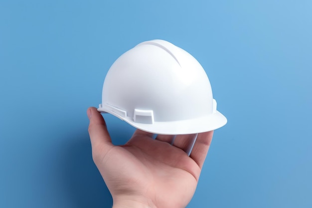 Casco de seguridad blanco con la mano ingeniero casco de fondo azul IA