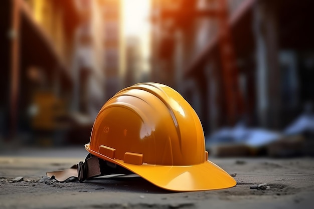 Casco de seguridad de construcción en el fondo de una construcción borrosa Ilustración generativa de IA