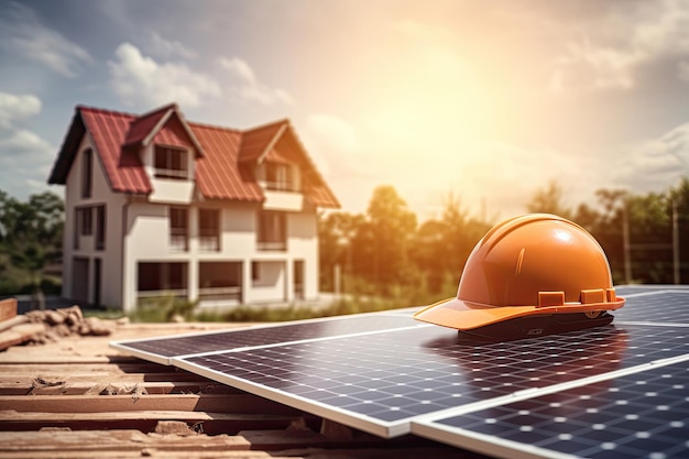 Casco de seguridad en la construcción de paneles solares de una casa en el fondo AI generativa