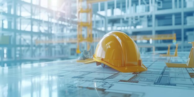 Foto un casco de seguridad en los dibujos con un edificio en construcción en el fondo ia generativa