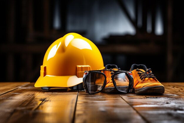 Foto casco de seguridad y máscara de gas en una mesa de madera en el fondo del sitio de construcción