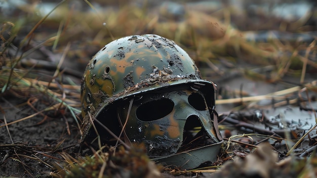 Un casco de soldado yace abandonado en el barro y la lluvia el casco es un símbolo del costo de la guerra y los sacrificios que hacen los soldados