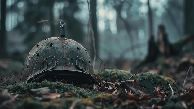 Un casco de soldado yace abandonado en el bosque el casco es viejo y oxidado y la pintura se está pelando el interior del casco es oscuro y vacío