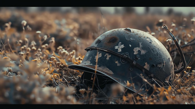 Un casco de soldado yace abandonado en un campo de flores el casco es viejo y oxidado y las flores son delicadas y coloridas