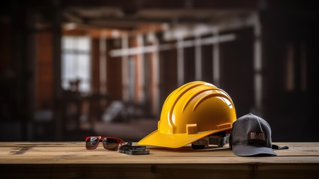 Un casco solitario colocado sobre una mesa de madera