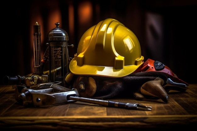 casco de trabajador de la construcción en una mesa con herramientas de construcción