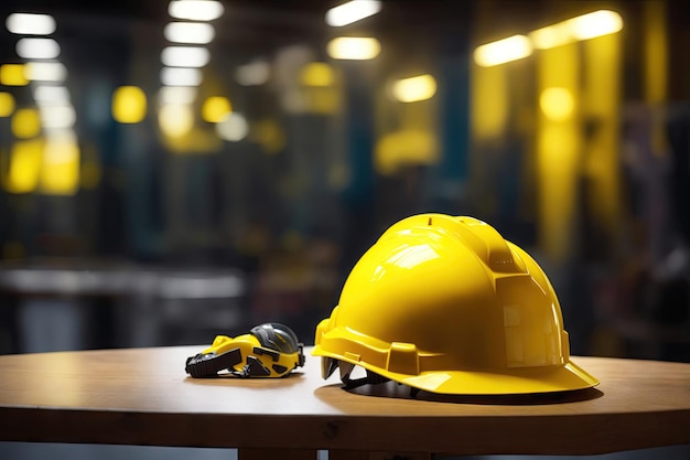 Casco de trabajo amarillo en una mesa oscura Accesorios de protección para trabajadores de la construcción Fondo oscuro