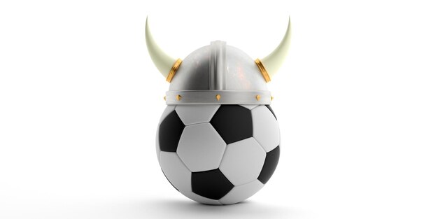 Casco vikingo en una pelota de fútbol aislada contra un fondo blanco Ilustración 3D