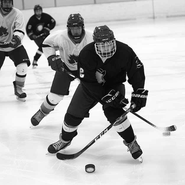 Cascos de hockey y jugadores practicando el manejo de palos