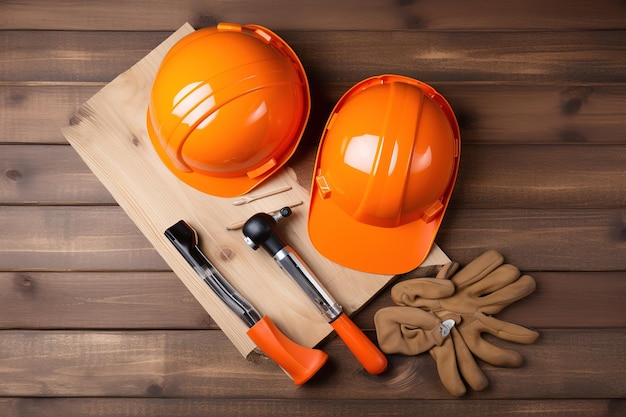 Los cascos naranjas y un par de guantes se sientan en una mesa de madera.