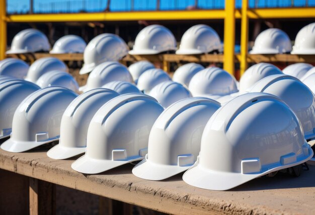 Foto los cascos de plástico blancos pertenecientes a los ingenieros y capataces civiles se colocan estratégicamente a través