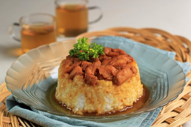 Caseiro Nasi Tim Ayam, arroz no vapor com molho de soja e frango em cubos. Comida caseira indonésia no café da manhã. Servido em Prato Cerâmico