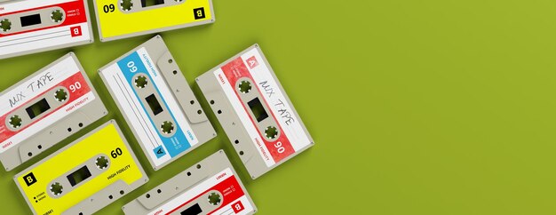Foto casetes de audio antiguos sobre fondo verde brillante espacio de copia de banner ilustración 3d