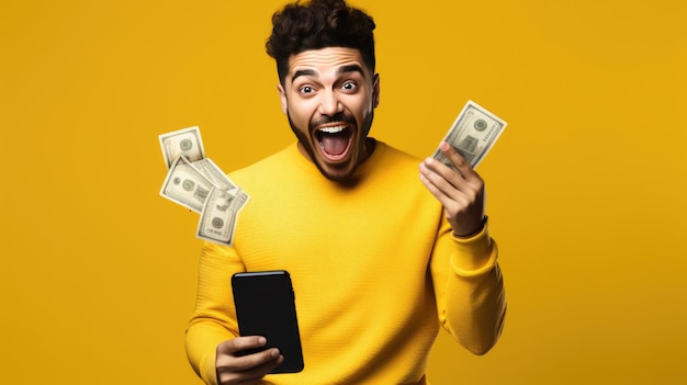 Cashback Easy Online Money Concept Aufgeregter junger Mann hält Smartphone und Bargeld-Dollar-Banknoten in der Hand, erstellt mit generativer KI-Technologie