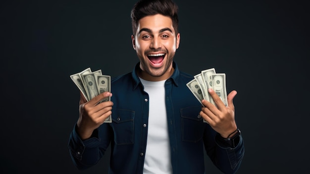 Cashback Easy Online Money Concept Emocionado joven sosteniendo dinero en efectivo billetes en dólares en la mano Creado con tecnología Generative AI