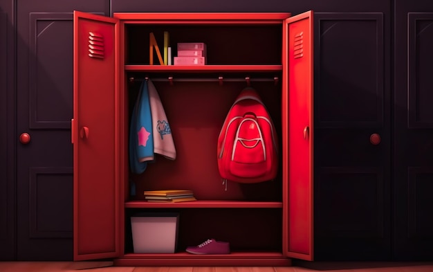 Casillero rojo con cosas y una mochila roja contra el fondo de gabinetes oscuros AI Generative AI