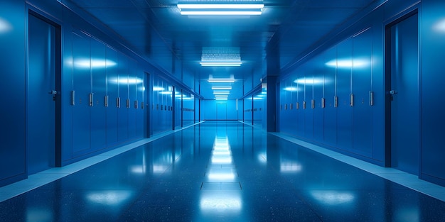 Casilleros azules que decoran el pasillo de la escuela Creación de un concepto de atmósfera vibrante Pasillo de la Escuela Casilleros azules que decoran una atmósfera vibratoria Ideas creativas