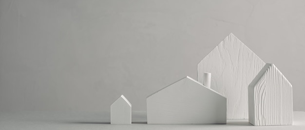 Casinhas de brinquedo de madeira brancas em um fundo cinza design minimalista escandinavo decorativo