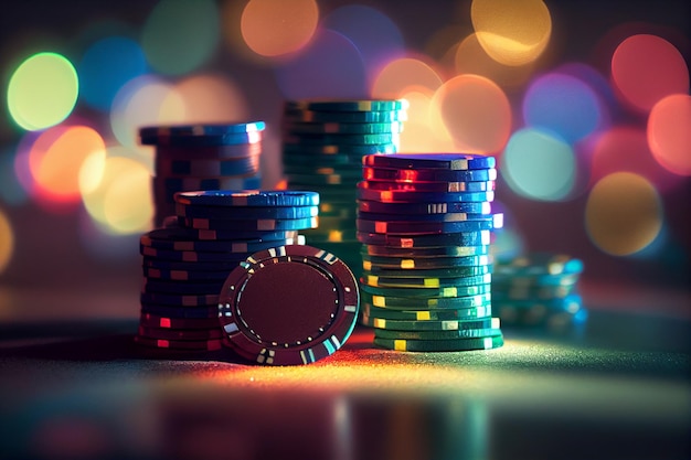 Casino-Chips auf dem Tisch Bunte Bokeh-Hintergrundgenerative ai