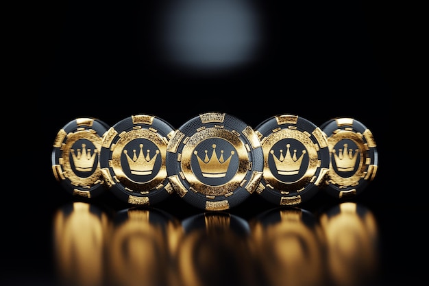 Casino-Chips in einer Linie auf schwarzem Hintergrund. Casino Spielchips Schwarzgold Design. Luxusstil, VIP. Vorlage für Werbung. 3D-Darstellung, 3D-Rendering.