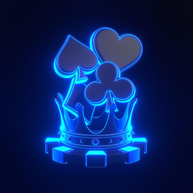 Casino-Chips Krone und Asse Karten Symbole mit futuristischen neonblauen Lichtern auf schwarzem Hintergrund 3D