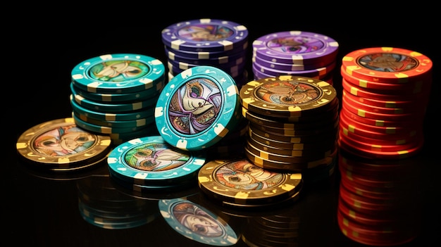 Casino Chips und Poker Chips auf dem Tisch mit Reflexion